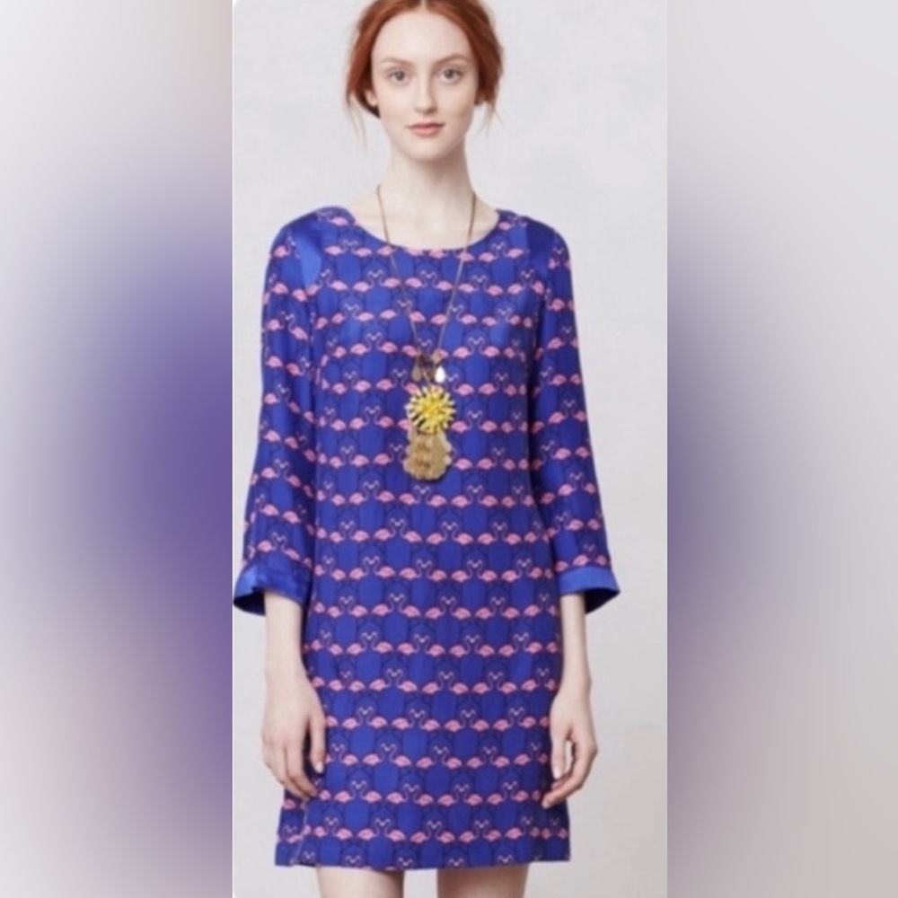Harlyn Silk Royal Blue Flamingo Shift Dress